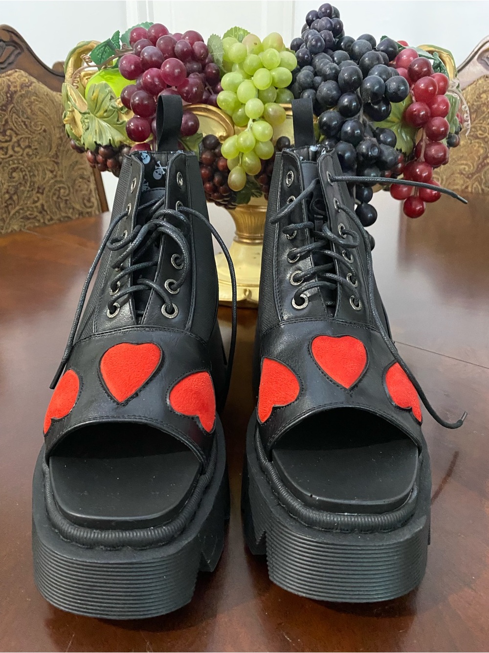Black Platform Lace-Up Sandals with Red Heart Accents